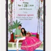 Indian wedding invitation card with colorful caricature-style wedding couple illustration and traditional wedding elements