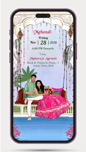Indian wedding invitation card with colorful caricature-style wedding couple illustration and traditional wedding elements