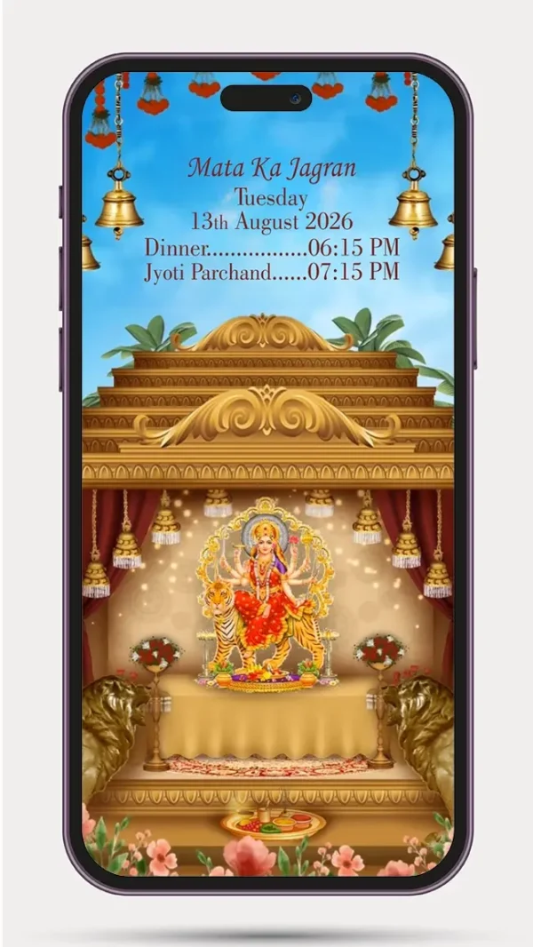 Mata Ka Jagran Invitation Card Video featuring a divine Maa Durga theme with traditional Hindu decorations, glowing diyas, floral accents, sacred symbols, and an elegant digital invitation design for Jagran, Mata Ki Chowki, Navratri, and devotional celebrations.