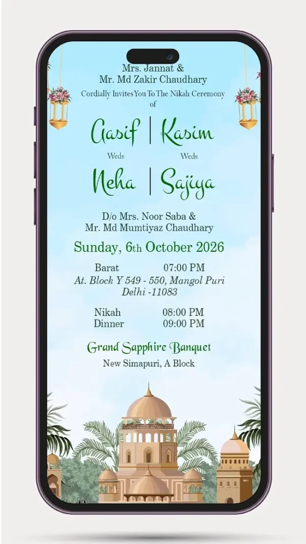 Muslim Wedding Invite Video 169 featuring an elegant Islamic digital Nikah invitation design with luxurious floral decorations, Arabic-inspired elements, golden accents, a premium dark background, beautiful typography, and a modern WhatsApp wedding invitation layout for Muslim weddings.