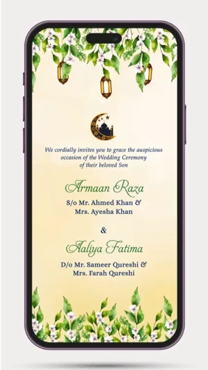 Muslim Wedding Invite Video 170 featuring an elegant Islamic-themed digital wedding invite with luxurious floral decorations, premium typography, traditional design elements, and a stylish layout for Nikah, Walima, and Muslim wedding celebrations, perfect for sharing on WhatsApp and social media.