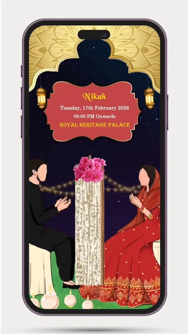 Elegant Muslim Wedding Invitation Video 172 with Islamic floral theme for Nikah, Walima, and WhatsApp wedding invitation sharing.