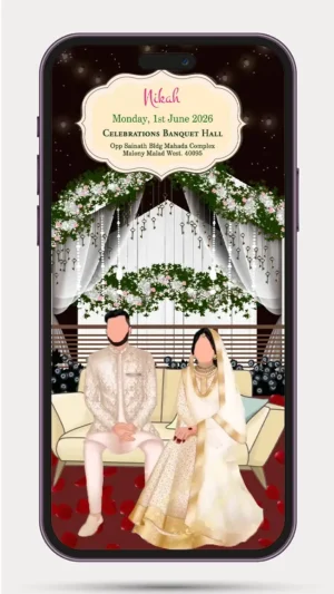 Elegant Muslim Wedding Invitation Video featuring luxurious Islamic floral design, gold accents, crescent moon motifs, Arabic-inspired patterns, premium wedding invitation animation for Nikah ceremony, Walima reception, and WhatsApp digital wedding invite.