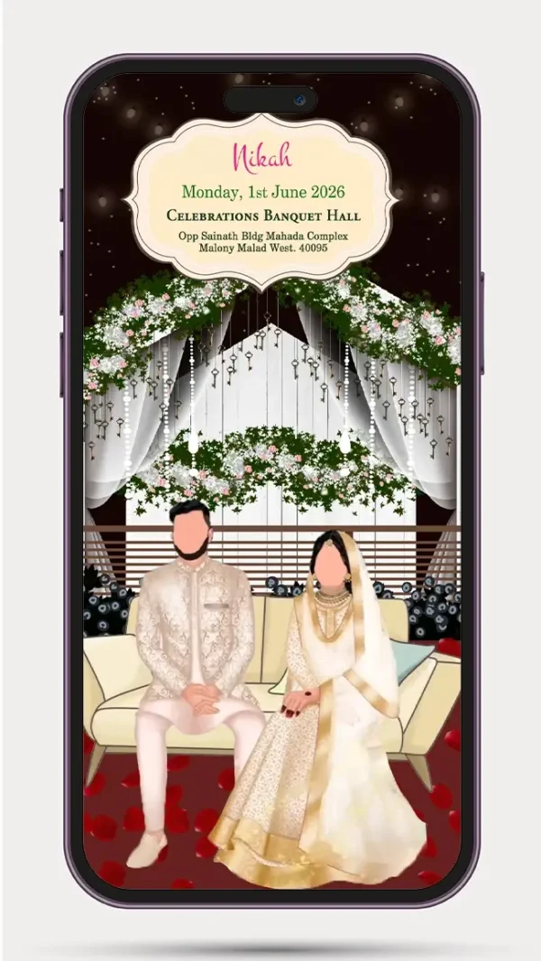 Elegant Muslim Wedding Invitation Video featuring luxurious Islamic floral design, gold accents, crescent moon motifs, Arabic-inspired patterns, premium wedding invitation animation for Nikah ceremony, Walima reception, and WhatsApp digital wedding invite.