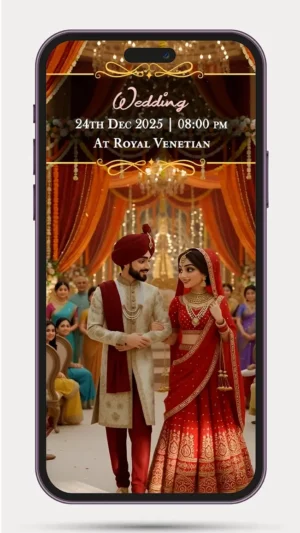 Sikh AI Wedding Invitation Video featuring a traditional Punjabi Sikh wedding theme with an elegant animated couple, Anand Karaj ceremony elements, floral décor, Golden Temple-inspired aesthetics, and a premium digital WhatsApp wedding invite design.