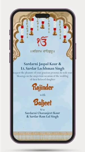 Sikh Wedding Digital Invitation Video featuring an elegant Punjabi wedding theme with traditional Sikh elements, floral decorations, golden accents, customizable bride and groom details, Anand Karaj ceremony information, and a premium WhatsApp wedding invitation design.