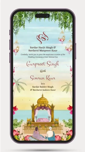 Sikh Wedding Invitation Card WhatsApp Invite Video 250 PR featuring an elegant Punjabi wedding invitation design for Anand Karaj ceremony with customizable couple details and premium digital invitation.