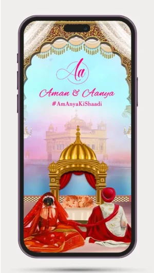Sikh Wedding Invite Video 152 PR featuring an elegant Punjabi wedding invitation design with traditional Sikh theme, luxurious floral decorations, premium golden accents, customizable bride and groom details, and a modern digital WhatsApp wedding invite.