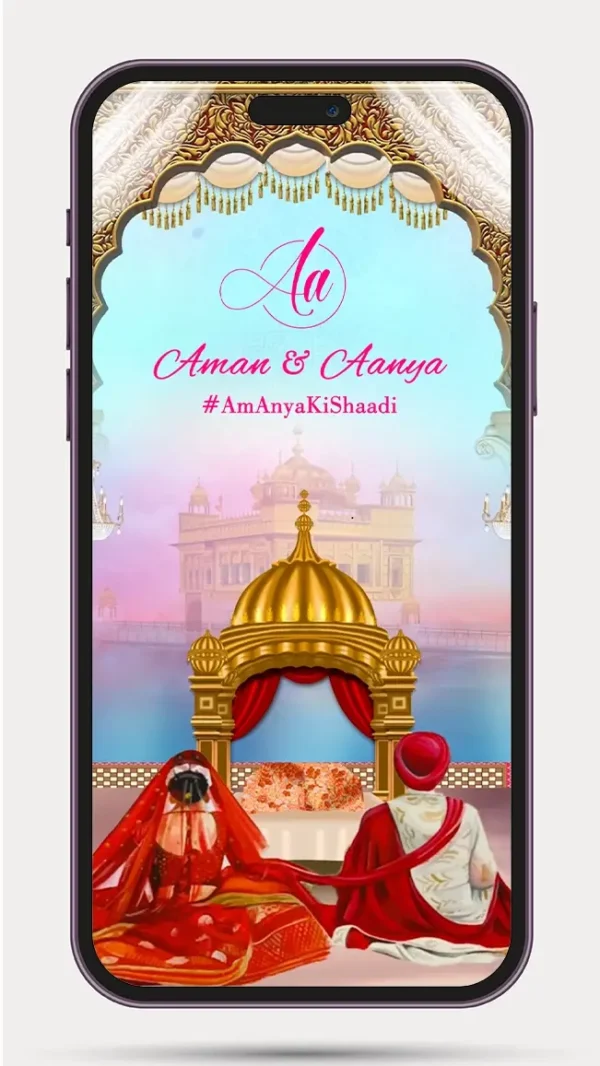 Sikh Wedding Invite Video 152 PR featuring an elegant Punjabi wedding invitation design with traditional Sikh theme, luxurious floral decorations, premium golden accents, customizable bride and groom details, and a modern digital WhatsApp wedding invite.