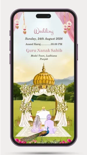 Sikh Wedding Invite Video Template 249 PR featuring a traditional Punjabi wedding theme with elegant floral decorations, Sikh couple illustration, Anand Karaj ceremony design, premium digital WhatsApp wedding invitation, customizable invite video for Sikh weddings.