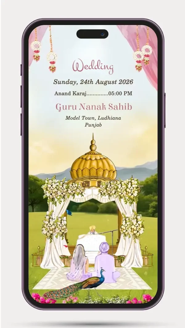 Sikh Wedding Invite Video Template 249 PR featuring a traditional Punjabi wedding theme with elegant floral decorations, Sikh couple illustration, Anand Karaj ceremony design, premium digital WhatsApp wedding invitation, customizable invite video for Sikh weddings.