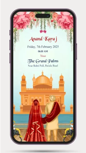 Sikh Wedding Video Invitation -164 PR featuring an elegant Punjabi wedding invitation design with traditional Sikh theme, luxurious floral decorations, premium typography, and a customizable digital WhatsApp wedding invitation for Anand Karaj ceremony.