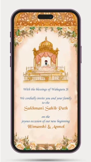 Sukhmani Sahib Path invitation video with golden Sikh temple theme, floral decorations, and traditional Punjabi design.