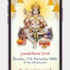 Sunderkand Path Invite Video with Lord Hanuman, traditional floral decorations, glowing diyas, elegant Hindu devotional theme, and digital WhatsApp invitation design for a sacred Sunderkand Path ceremony.